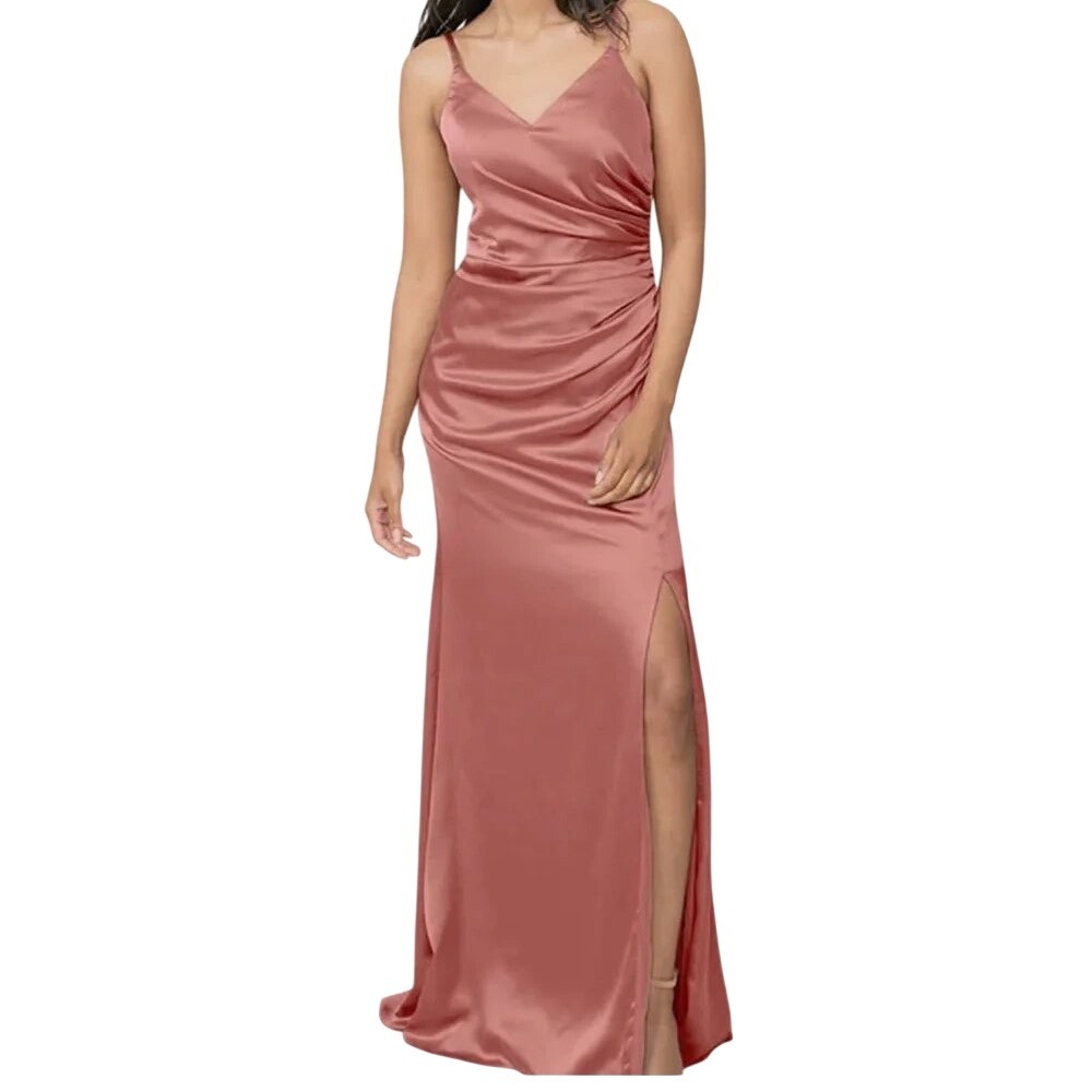 Revelry Maxi Dress Womens 8 Pink Satin Formal Bridesmaid Slit Gown